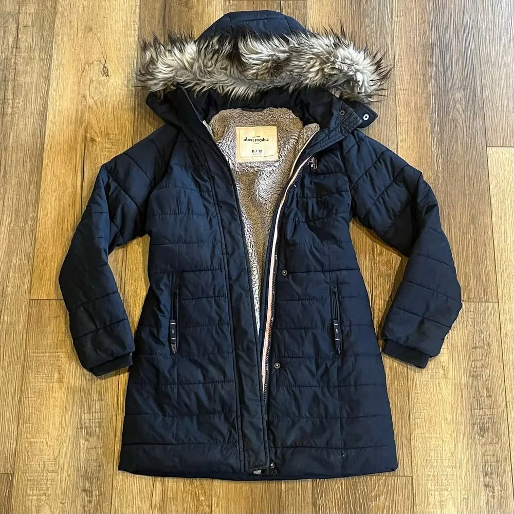 VTG Y2K Abercrombie Kids Puffer Jacket 11/12 Collar Faux Fur Hood Lined Blue EUC